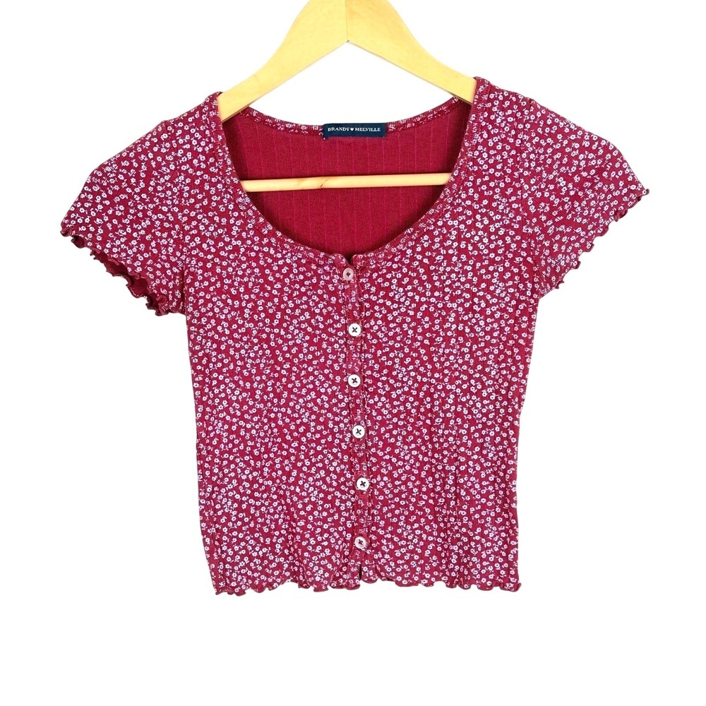 Brandy Melville Womens Floral Ribbed Button Front Crop Top OS Red Coquette Y2K